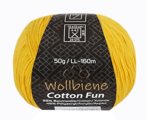 Wollbiene Cotton Fun Strickwolle 55% Baumwolle - Vielfältige Farbauswahl, Garn, Amigurumi Jeans 50g (08 gelb) von Wollbiene