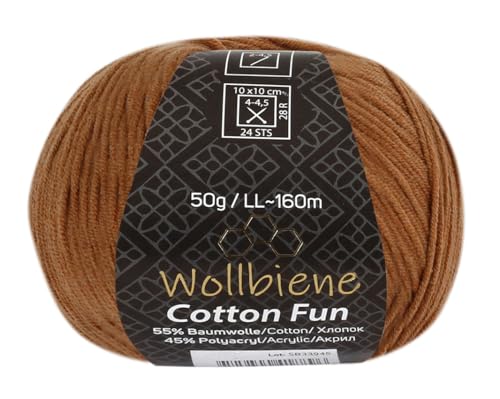 Wollbiene Cotton Fun Strickwolle 55% Baumwolle - Vielfältige Farbauswahl, Garn, Amigurumi Jeans 50g (09 hellbraun) von Wollbiene
