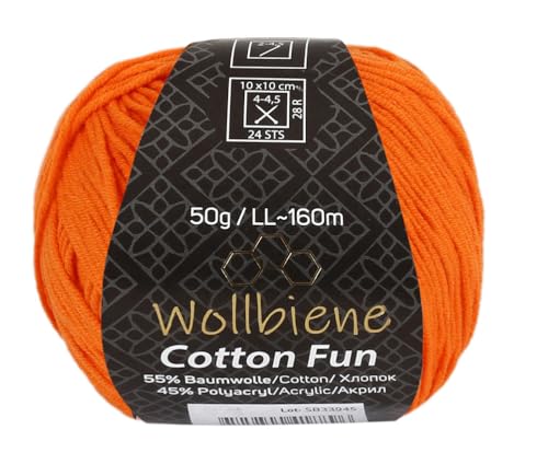 Wollbiene Cotton Fun Strickwolle 55% Baumwolle - Vielfältige Farbauswahl, Garn, Amigurumi Jeans 50g (10 orange) von Wollbiene