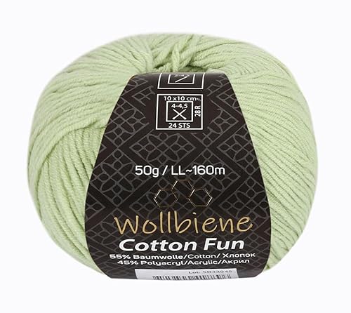 Wollbiene Cotton Fun Strickwolle 55% Baumwolle - Vielfältige Farbauswahl, Garn, Amigurumi Jeans 50g (12 pastellgrün) von Wollbiene