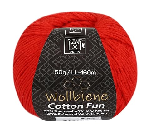 Wollbiene Cotton Fun Strickwolle 55% Baumwolle - Vielfältige Farbauswahl, Garn, Amigurumi Jeans 50g (16 rot) von Wollbiene