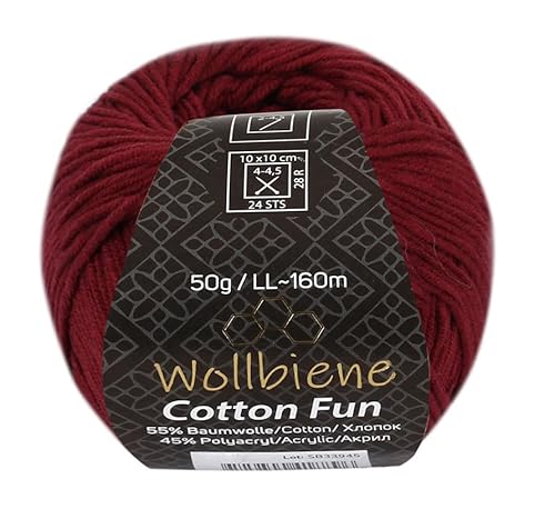 Wollbiene Cotton Fun Strickwolle 55% Baumwolle - Vielfältige Farbauswahl, Garn, Amigurumi Jeans 50g (17 weinrot) von Wollbiene