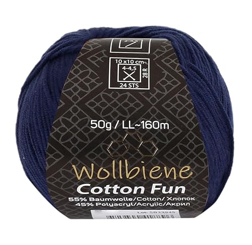 Wollbiene Cotton Fun Strickwolle 55% Baumwolle - Vielfältige Farbauswahl, Garn, Amigurumi Jeans 50g (21 dunkelblau) von Wollbiene