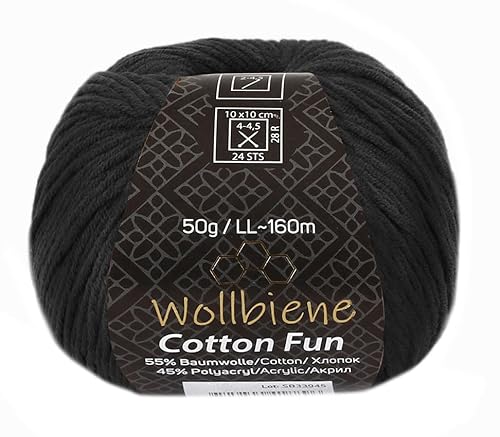 Wollbiene Cotton Fun Strickwolle 55% Baumwolle - Vielfältige Farbauswahl, Garn, Amigurumi Jeans 50g (25 schwarz) von Wollbiene