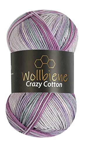 Wollbiene Crazy Cotton Batik 100 Gramm mit Farbverlauf 55% Baumwolle mehrfarbig Multicolor Strickwolle Häkelwolle Wolle Ganzjahreswolle (6050 beere lila grau) von Wollbiene