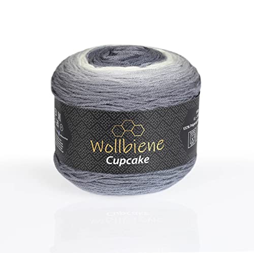 Wollbiene Cupcake Wolle zum Stricken 150g Strickwolle 150 Gramm Häkeln Babywolle Wolle Farbverlaufswolle (dunkelgrau hellgrau weiß 3100) von Wollbiene