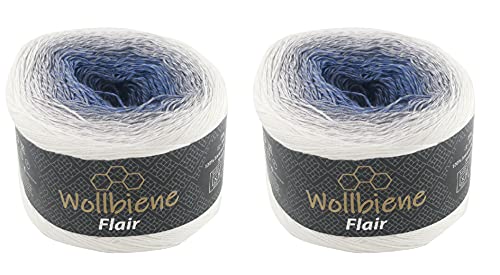 Wollbiene Flair Cotton 2x250g Bobbel Wolle Farbverlauf, 100% Baumwolle, Bobble Strickwolle Mehrfarbig (916 weiß grau blau) von Wollbiene