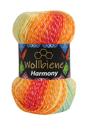 Wollbiene Harmony Batik 100 Gramm mit Farbverlauf 30% Baumwolle mehrfarbig Multicolor Strickwolle Häkelwolle Wolle Ganzjahreswolle (8020 grün rot orange gelb) von Wollbiene