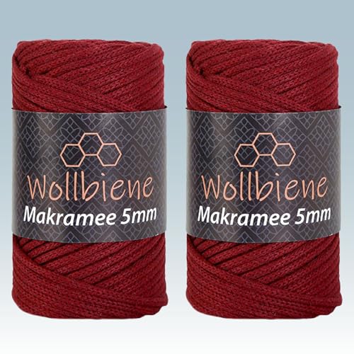 Wollbiene Makramee Garn 5mm I 2x70m I Makramee Natur - Baumwollgarn Mischgarn zum Knüpfen von Macrame - Rope Garn - Makramee-Garn aus Baumwolle für Kunst DIY Handwerk (dunkelrot 06) von Wollbiene