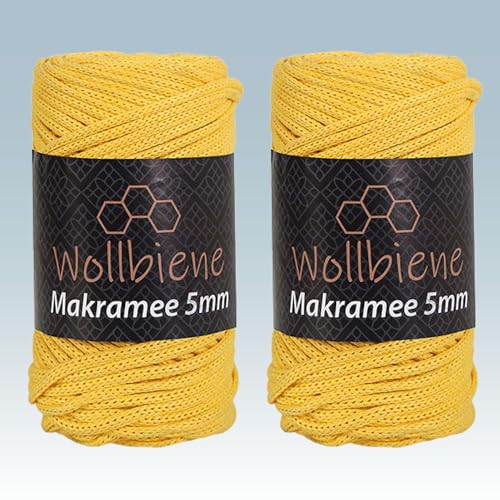 Wollbiene Makramee Garn 5mm I 2x70m I Makramee Natur - Baumwollgarn Mischgarn zum Knüpfen von Macrame - Rope Garn - Makramee-Garn aus Baumwolle für Kunst DIY Handwerk (gelb 08) von Wollbiene