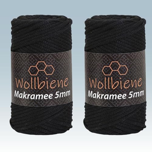 Wollbiene Makramee Garn 5mm I 2x70m I Makramee Natur - Baumwollgarn Mischgarn zum Knüpfen von Macrame - Rope Garn - Makramee-Garn aus Baumwolle für Kunst DIY Handwerk (schwarz 02) von Wollbiene