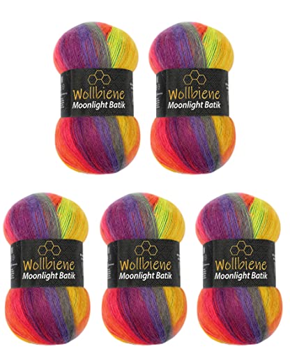 Wollbiene Moonlight Batik 5 x 100g Strickwolle 500 Gramm Wolle zum Stricken und Häkeln 20% Wolle türkische Wolle Farbverlaufswolle Strickwolle (2600 rainbow) von Wollbiene