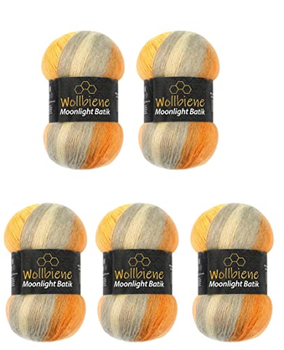Wollbiene Moonlight Batik 5 x 100g Strickwolle 500 Gramm Wolle zum Stricken und Häkeln 20% Wolle türkische Wolle Farbverlaufswolle Strickwolle (4000 orange gelb grau) von Wollbiene