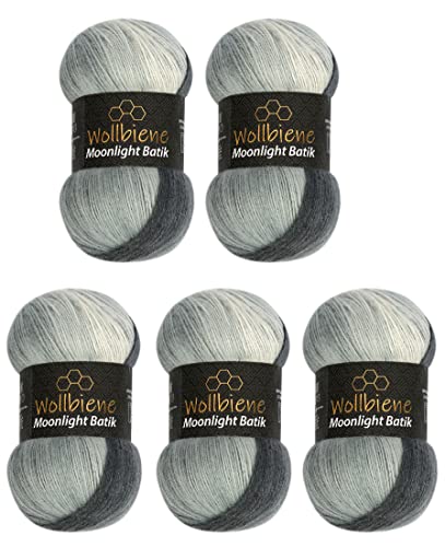 Wollbiene Moonlight Batik Strickwolle 500g zum Stricken und Häkeln - 20% Wolle, Türkische Farbverlaufswolle (5x100g, 5000 Schwarz Grau Weiß) von Wollbiene