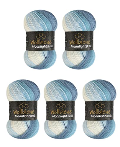 Wollbiene Moonlight Batik 5 x 100g Strickwolle 500 Gramm Wolle zum Stricken und Häkeln 20% Wolle türkische Wolle Farbverlaufswolle Strickwolle (5500 blau weiß) von Wollbiene
