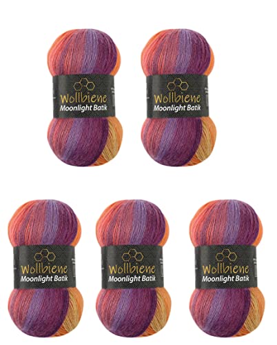 Wollbiene Moonlight Batik 5 x 100g Strickwolle 500 Gramm Wolle zum Stricken und Häkeln 20% Wolle türkische Wolle Farbverlaufswolle Strickwolle (5600 lila beere orange) von Wollbiene