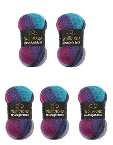 Wollbiene Moonlight Batik 5 x 100g Strickwolle 500 Gramm Wolle zum Stricken und Häkeln 20% Wolle türkische Wolle Farbverlaufswolle Strickwolle (5960 beere lila türkis) von Wollbiene