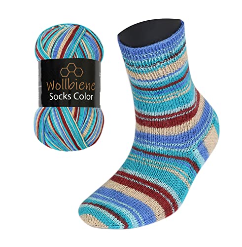 Wollbiene Socks Color Sockenwolle 100g 4-fädig Stricken und Häkeln 75% Schurwolle Farbverlaufswolle Strickwolle Socken (25 türkis blau dunkelrot) von Wollbiene