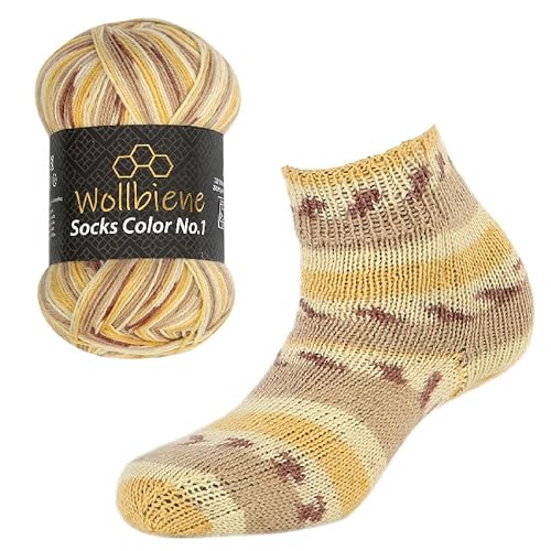 Wollbiene Socks Color Sockenwolle 100g 4-fädig Stricken und Häkeln 75% Schurwolle Farbverlaufswolle Strickwolle Socken (44 braun ocker) von Wollbiene