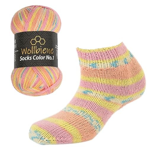 Wollbiene Socks Color Sockenwolle 100g 4-fädig Stricken und Häkeln 75% Schurwolle Farbverlaufswolle Strickwolle Socken (45 rosa orange gelb) von Wollbiene