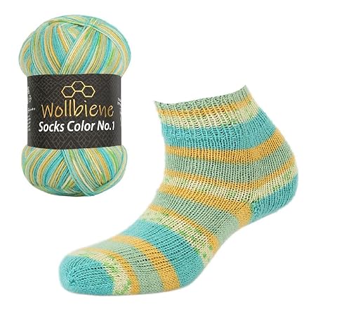 Wollbiene Socks Color Sockenwolle 100g 4-fädig Stricken und Häkeln 75% Schurwolle Farbverlaufswolle Strickwolle Socken (46 türkis grün gelb) von Wollbiene