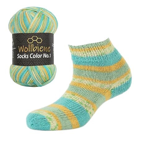 Wollbiene Socks Color Sockenwolle 100g 4-fädig Stricken und Häkeln 75% Schurwolle Farbverlaufswolle Strickwolle Socken (46 türkis grün gelb) von Wollbiene