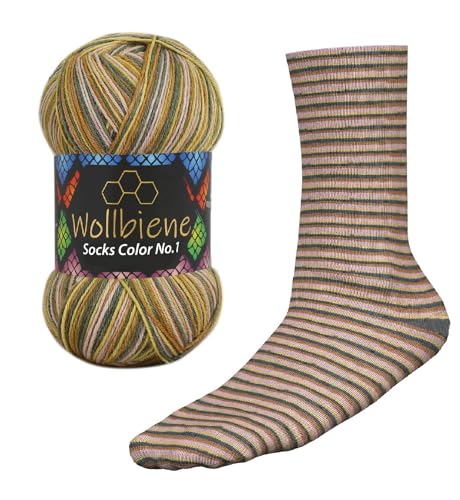 Wollbiene Socks Color Sockenwolle 100g 4-fädig Stricken und Häkeln 75% Schurwolle Farbverlaufswolle Strickwolle Socken (53 oliv gelb beige) von Wollbiene
