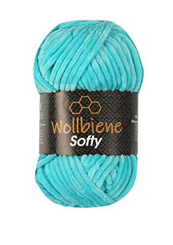 Wollbiene Softy 100 Gramm chenille wolle zum häkeln Strickwolle, Babywolle, Chenille Wolle Super Bulky crochet yarn (azure 32) von Wollbiene