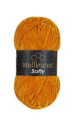 Wollbiene Softy 100 Gramm chenille wolle zum häkeln Strickwolle, Babywolle, Chenille Wolle Super Bulky crochet yarn (gold 82) von Wollbiene