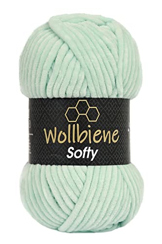 Wollbiene Softy 100 Gramm chenille wolle zum häkeln Strickwolle, Babywolle, Chenille Wolle Super Bulky crochet yarn (mint 06) von Wollbiene
