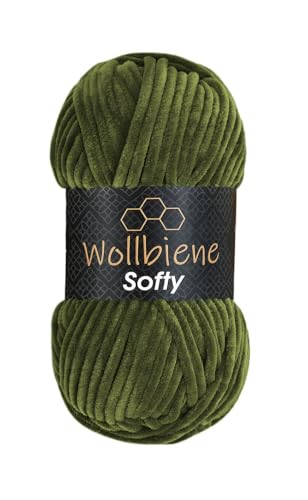 Wollbiene Softy 100 Gramm chenille wolle zum häkeln Strickwolle, Babywolle, Chenille Wolle Super Bulky crochet yarn (olivgrün 68) von Wollbiene