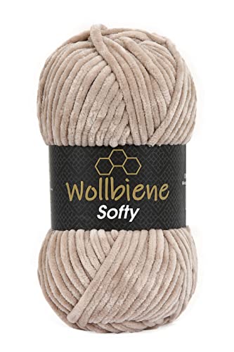 Wollbiene Softy 100 Gramm chenille wolle zum häkeln Strickwolle, Babywolle, Chenille Wolle Super Bulky crochet yarn (taupe 91) von Wollbiene