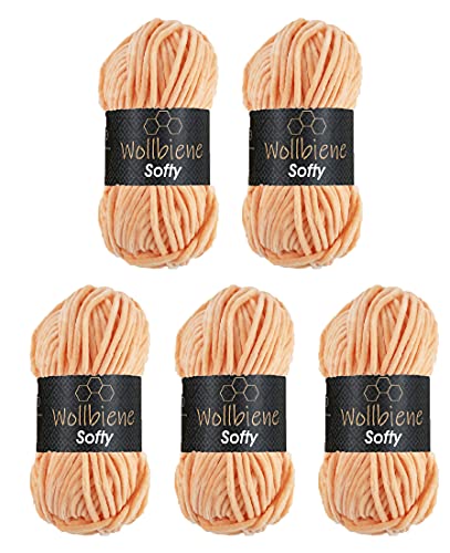 Wollbiene Softy 5 x 100 Gramm Chenille-Wolle Strickwolle, Babywolle, 500 Gramm Chenille Wolle Super Bulky (apricot 90) von Wollbiene