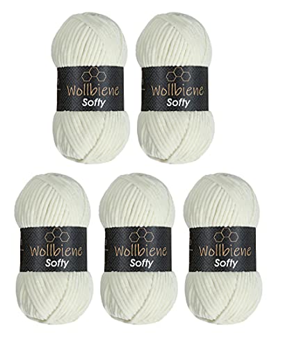 Wollbiene Softy 5 x 100 Gramm Chenillewolle Strickwolle, Babywolle, 500 Gramm Wolle Super Bulky (cremeweiß 02) von Wollbiene