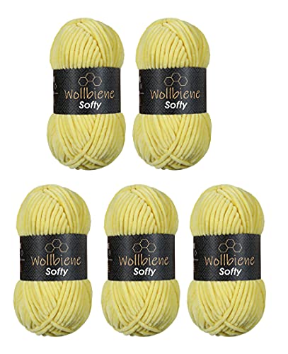 Wollbiene Softy 5 x 100 Gramm Chenillewolle Strickwolle, Babywolle, 500 Gramm Wolle Super Bulky (gelb 04) von Wollbiene