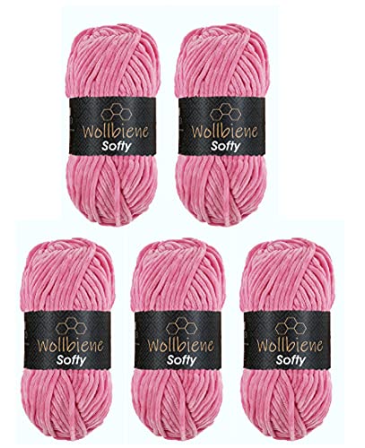 Wollbiene Softy 5 x 100 Gramm Chenillewolle Strickwolle, Babywolle, 500 Gramm Wolle Super Bulky (pink 80) von Wollbiene