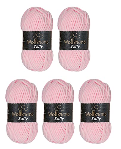Wollbiene Softy 5 x 100 Gramm Chenillewolle Strickwolle, Babywolle, 500 Gramm Wolle Super Bulky (rosa 81) von Wollbiene