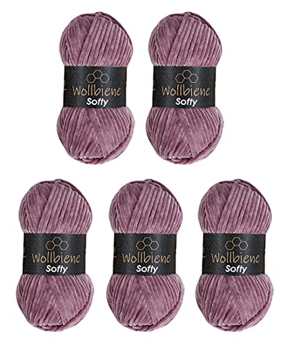 Wollbiene Softy 5 x 100 Gramm chenille wolle zum häkeln Strickwolle, Babywolle, 500 Gramm Chenille Wolle Super Bulky crochet yarn (altrosa 86) von Wollbiene