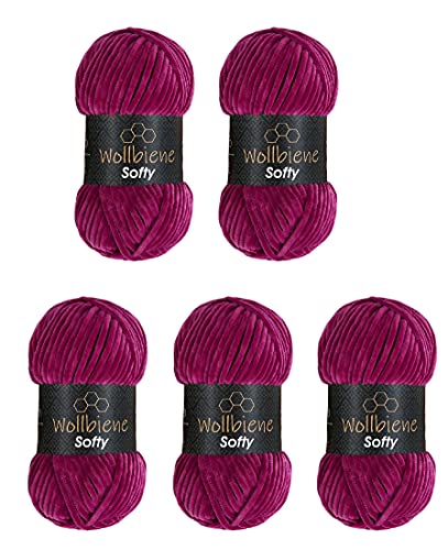 Wollbiene Softy 5 x 100 Gramm chenille wolle zum häkeln Strickwolle, Babywolle, 500 Gramm Chenille Wolle Super Bulky crochet yarn (beere 85) von Wollbiene