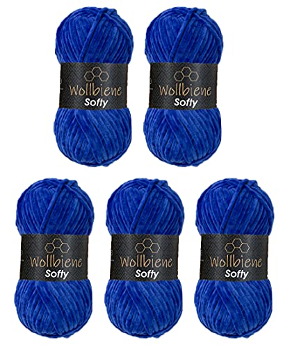 Wollbiene Softy 5 x 100 Gramm chenille wolle zum häkeln Strickwolle, Babywolle, 500 Gramm Chenille Wolle Super Bulky crochet yarn (blau 03) von Wollbiene