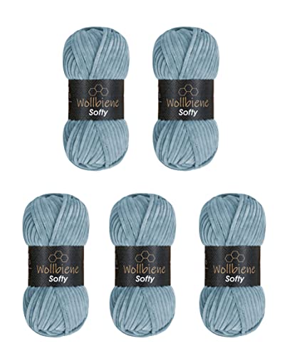 Wollbiene Softy 5 x 100 Gramm chenille wolle zum häkeln Strickwolle, Babywolle, 500 Gramm Chenille Wolle Super Bulky crochet yarn (blue stone 011) von Wollbiene