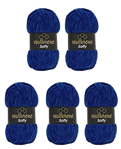 Wollbiene Softy 5 x 100 Gramm chenille wolle zum häkeln Strickwolle, Babywolle, 500 Gramm Chenille Wolle Super Bulky crochet yarn (dunkelblau 18) von Wollbiene