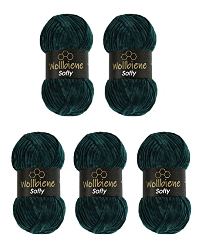 Wollbiene Softy 5 x 100 Gramm chenille wolle zum häkeln Strickwolle, Babywolle, 500 Gramm Chenille Wolle Super Bulky crochet yarn (dunkelgrün 22) von Wollbiene