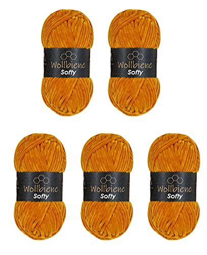 Wollbiene Softy 5 x 100 Gramm chenille wolle zum häkeln Strickwolle, Babywolle, 500 Gramm Chenille Wolle Super Bulky crochet yarn (gold 82) von Wollbiene