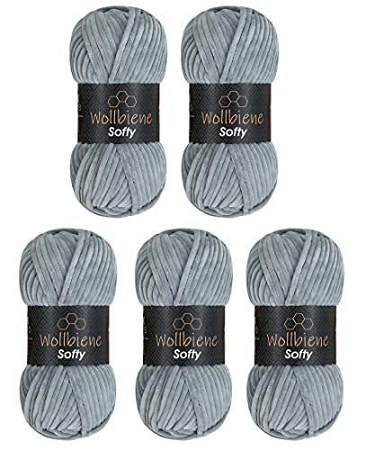 Wollbiene Softy 5 x 100 Gramm chenille wolle zum häkeln Strickwolle, Babywolle, 500 Gramm Chenille Wolle Super Bulky crochet yarn (grau 79) von Wollbiene