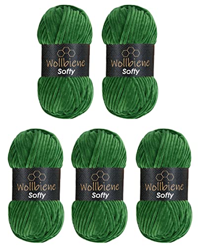 Wollbiene Softy 5 x 100 Gramm chenille wolle zum häkeln Strickwolle, Babywolle, 500 Gramm Chenille Wolle Super Bulky crochet yarn (grün 88) von Wollbiene