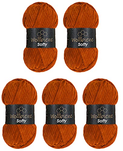 Wollbiene Softy 5 x 100 Gramm chenille wolle zum häkeln Strickwolle, Babywolle, 500 Gramm Chenille Wolle Super Bulky crochet yarn (karamell 08) von Wollbiene