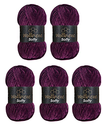 Wollbiene Softy 5 x 100 Gramm chenille wolle zum häkeln Strickwolle, Babywolle, 500 Gramm Chenille Wolle Super Bulky crochet yarn (lila 87) von Wollbiene