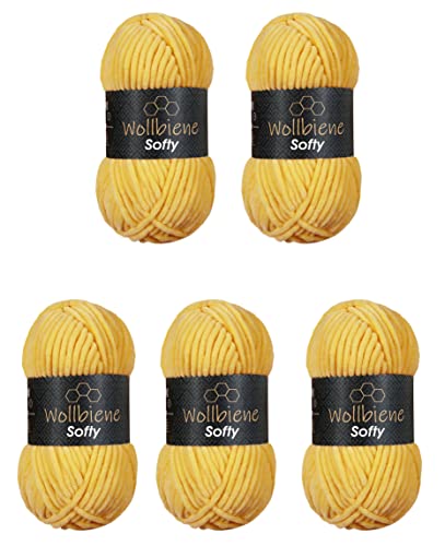 Wollbiene Softy 5 x 100 Gramm chenille wolle zum häkeln Strickwolle, Babywolle, 500 Gramm Chenille Wolle Super Bulky crochet yarn (maisgelb 28) von Wollbiene