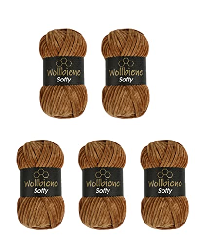 Wollbiene Softy 5 x 100 Gramm chenille wolle zum häkeln Strickwolle, Babywolle, 500 Gramm Chenille Wolle Super Bulky crochet yarn (schokobraun 23) von Wollbiene